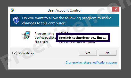 Screenshot where Brotsoft technology co., limited appears as the verified publisher in the UAC dialog